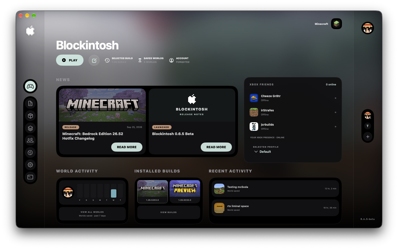 The Blockintosh launcher showing Play, Minecraft and launcher news, Xbox friends, worlds, installed builds, and recent activity.
